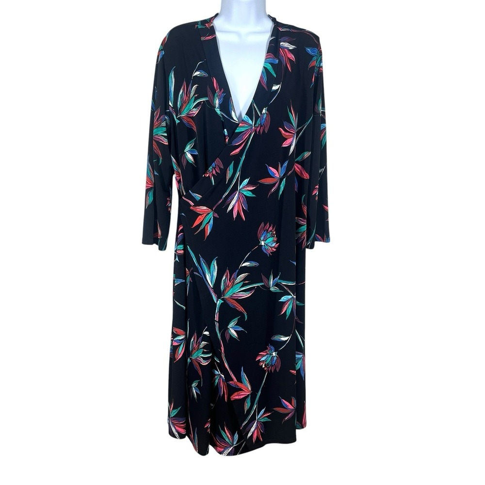 Clara Sun Woo Faux Wrap Dress Size XL‎ Black Floral Surplice Deep V-Neck